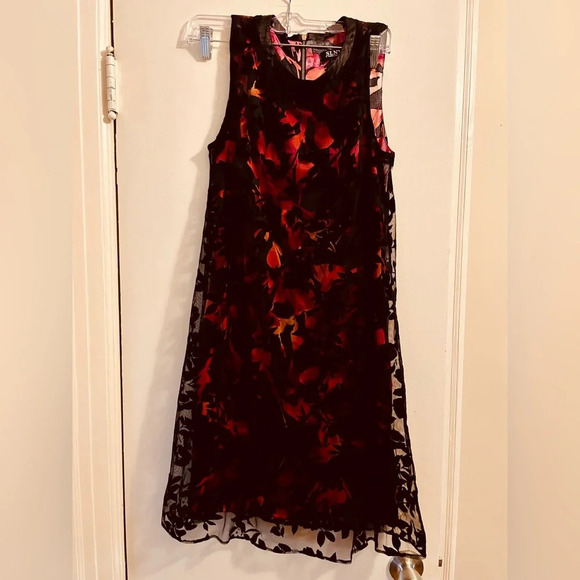 SLNY Vibrant Red Orange Floral Sheath Dress Black Velvet Burnout Overlay Size 6 - Picture 1 of 13